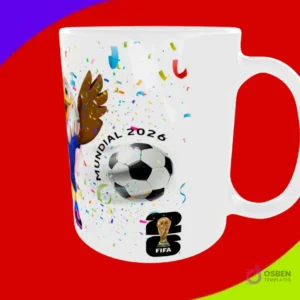 Mug sublimado con la mascota águila, balón de fútbol, confeti y logo 'Mundial 2026 FIFA' con trofeo