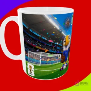 Diseño de taza con la mascota águila celebrando frente a una portería de fútbol y el trofeo FIFA 2026