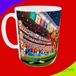 Taza sublimada con la mascota alce celebrando en un estadio con el año 2026 y trofeos históricos
