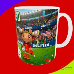 Taza sublimada con la mascota alce celebrando en estadio con banderas de países anfitriones y confeti para Mundial 2026