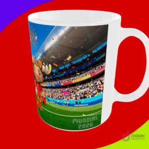 Taza sublimada con la mascota alce en un estadio lleno de fans y texto 'Mundial 2026'