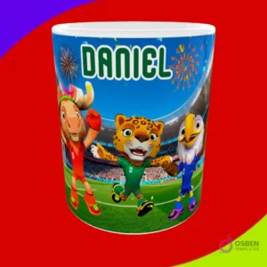 Mug sublimado con mascota jaguar, águila y alce en estadio, personalizable con nombre Daniel para Mundial 2026