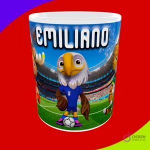 Mug sublimado con la mascota águila sosteniendo un balón en estadio y el nombre Emiliano
