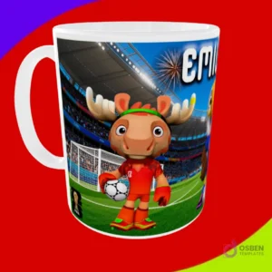 Taza sublimada con la mascota alce sosteniendo un balón en estadio y el nombre Emiliano