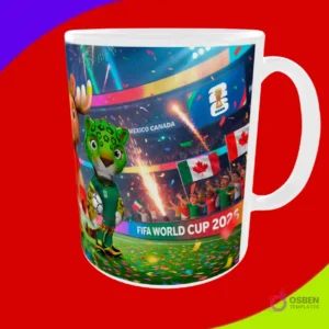 Mug sublimado con la mascota jaguar en un estadio con banderas de México y Canadá para FIFA World Cup 2026