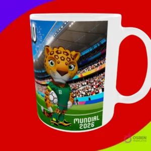 Diseño de taza con la mascota jaguar en estadio, sosteniendo un balón y texto 'Mundial 2026'