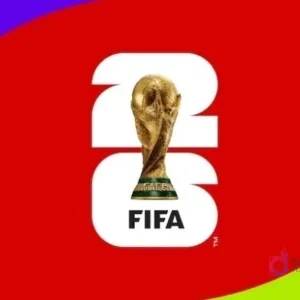 Fondo del logo oficial del Mundial 2026 con el trofeo FIFA sobre un vibrante fondo rojo