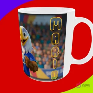 Mug sublimado con la mascota águila del Mundial 2026 y el nombre Mario escrito verticalmente