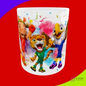 Diseño de taza con las tres mascotas del Mundial 2026 (alce, jaguar, águila) y fondo de salpicaduras de pintura colorida