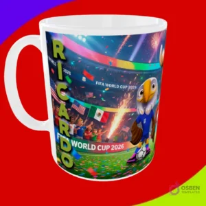 Taza sublimada con la mascota águila en estadio con fuegos artificiales y nombre Ricardo para Mundial 2026