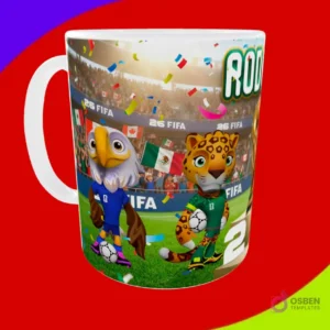 Taza sublimada con las mascotas águila y jaguar en estadio, con fans y banderas, y el nombre Rodrigo