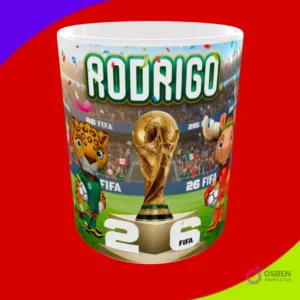 Mug personalizado con nombre Rodrigo, trofeo FIFA y mascotas jaguar y alce en diseño de sublimación del Mundial 2026