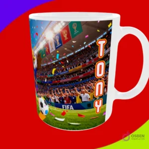 Mug sublimado con la mascota águila del Mundial 2026 en el estadio y nombre Tony escrito verticalmente