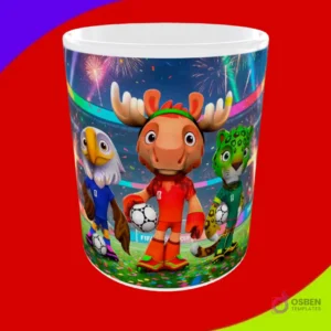 Diseño de taza con las tres mascotas del Mundial 2026 (águila, alce, jaguar) con balones de fútbol y fuegos artificiales