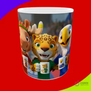 Mug sublimado con las tres mascotas del Mundial 2026 (alce, jaguar, águila) sosteniendo pequeñas tazas temáticas