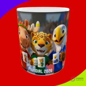 Taza sublimada con las tres mascotas del Mundial 2026 (alce, jaguar, águila) y texto 'Mundial 2026'