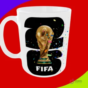 Diseño de taza sublimado con el trofeo de la Copa Mundial FIFA y el año 2026 en color negro con confeti