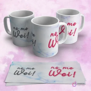 Tres tazas blancas con un diseño de efecto mármol y las frases "no me Wei!" en negro y rojo. Abajo, dos papeles mostrando el diseño extendido de la frase "no me Wei!" sobre fondo de mármol.
