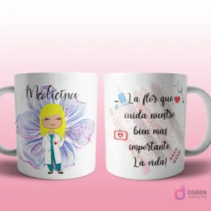 Mug mockup con diseño de nutricionista caricaturizada de cabello oscuro con bata de laboratorio, sosteniendo una manzana, sobre fondo de flor morada con brillos y frase 'La flor que cuida de nuestro cuerpo y de nuestra salud'.