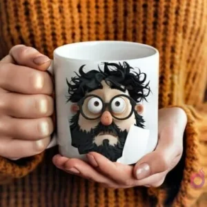 Manos sosteniendo una taza de cerámica blanca con un diseño 3D de un padre barbudo con pelo alborotado, ojos saltones y barba oscura, sobre un suéter marrón.