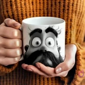 Manos sosteniendo una taza blanca con un diseño 3D de un padre barbudo en escala de grises, con una barba muy grande y frondosa, ojos grandes y expresivos.