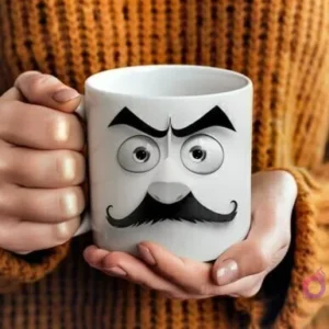 Manos sosteniendo una taza blanca con un diseño 3D de ojos enojados y un gran bigote negro de un padre barbudo, con cejas fruncidas, estilo caricatura.