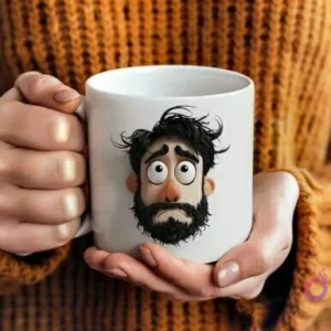 Manos sosteniendo una taza blanca con un diseño 3D de un padre barbudo con expresión de tristeza o melancolía y pelo alborotado, barba oscura y ojos grandes.