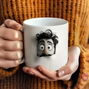 Manos sosteniendo una taza blanca con un diseño 3D de un padre barbudo con barba y bigote más pequeños, y pelo desordenado, asomándose en la taza.
