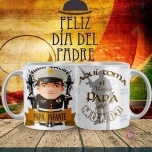 Plantilla de sublimación para tazas del Día del Padre mostrando un papá militar (infante) con uniforme y medallas, y otra taza con siluetas militares y el texto 'Aquí toma el Mejor Papá del Mundo', todo en un fondo alusivo al Día del Padre.