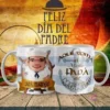 Taza sublimada para el Día del Padre con diseño de papá marinero sonriente, gorro de marinero y timón, sobre fondo rústico con el texto 'Feliz Día del Padre' y 'Aquí toma el Mejor Papá del Mundo'.