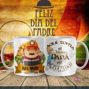 Imagen de tazas sublimadas del Día del Padre con un papá minero con casco y lámpara, rodeado de minerales, y una segunda taza con herramientas mineras y la leyenda 'Aquí toma el Mejor Papá del Mundo', sobre un fondo temático del Día del Padre.
