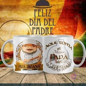 Plantilla de sublimación para el Día del Padre con un papá panadero sonriente, gorro de chef y pan recién hecho, y una segunda taza con elementos de panadería y la frase 'Aquí toma el Mejor Papá del Mundo', todo sobre un fondo de madera y 'Feliz Día del Padre'.