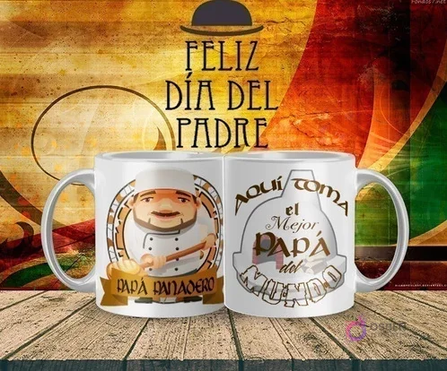Plantilla de sublimación para el Día del Padre con un papá panadero sonriente, gorro de chef y pan recién hecho, y una segunda taza con elementos de panadería y la frase 'Aquí toma el Mejor Papá del Mundo', todo sobre un fondo de madera y 'Feliz Día del Padre'. Plantilla de sublimación para el Día del Padre con un papá panadero sonriente, gorro de chef y pan recién hecho, y una segunda taza con elementos de panadería y la frase 'Aquí toma el Mejor Papá del Mundo', todo sobre un fondo de madera y 'Feliz Día del Padre'.