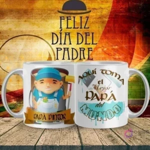 Taza sublimada del Día del Padre mostrando a un papá pintor con brocha y bote de pintura, y la otra taza con brochas y salpicaduras de pintura junto a 'Aquí toma el Mejor Papá del Mundo', destacando sobre un fondo temático del Día del Padre.