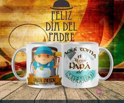 Taza sublimada del Día del Padre mostrando a un papá pintor con brocha y bote de pintura, y la otra taza con brochas y salpicaduras de pintura junto a 'Aquí toma el Mejor Papá del Mundo', destacando sobre un fondo temático del Día del Padre. Taza sublimada del Día del Padre mostrando a un papá pintor con brocha y bote de pintura, y la otra taza con brochas y salpicaduras de pintura junto a 'Aquí toma el Mejor Papá del Mundo', destacando sobre un fondo temático del Día del Padre.