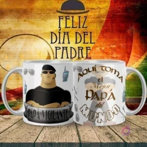 Imagen de tazas sublimadas para el Día del Padre con un papá vigilante de seguridad, gafas y uniforme, y una segunda taza con elementos de seguridad y el mensaje 'Aquí toma el Mejor Papá del Mundo', en un fondo de Feliz Día del Padre.