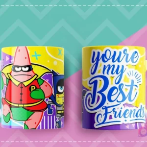 Taza de sublimación con Patricio Estrella como Robin y Batman, frase 'You're my Best Friends'.