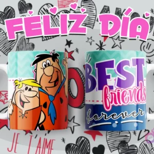 Taza sublimada con Pedro Picapiedra y Pablo Mármol de Los Picapiedra, frase 'Best friends forever'.