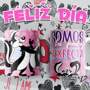 Tazas con diseño de Pepe Le Pew y Penelope Pussycat, mensaje 'Somos la pareja perfecta' para sublimar.
