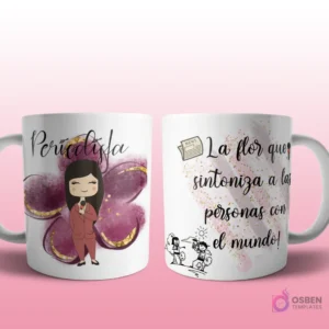 Mug mockup con diseño de personal trainer caricaturizada de cabello oscuro con ropa deportiva, sobre fondo abstracto rosa con brillos y frase 'La flor que cuida de nuestro físico', con íconos de deportes y ejercicio.