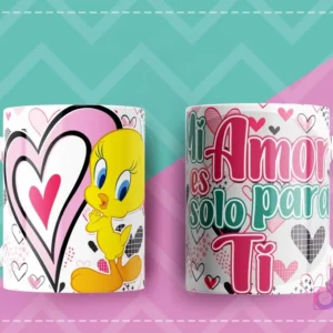 Taza de sublimación con diseño de Piolín y corazones, mensaje 'Mi amor es solo para ti'.