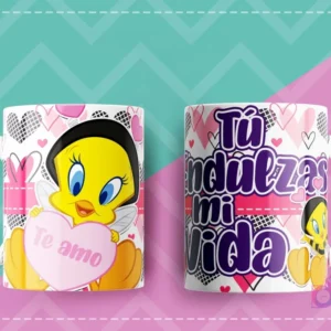 Taza con diseño de Piolín sosteniendo un 'Te amo' y frase 'Tú endulzas mi vida'.