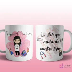 Mug mockup con diseño de policía caricaturizada de cabello oscuro con uniforme azul, sobre fondo de flor azul con brillos y frase 'La flor que cuida de nuestra seguridad', con íconos de esposas y coche patrulla.