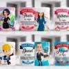 Diseños de tazas de sublimación para profesiones como administradora, arquitecta, arquitecto y asesor comercial, con personajes ilustrados y frases 'Aquí toma la mejor/el mejor'.