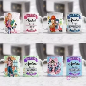 Muestras de tazas de sublimación para profesiones como RRPP, repartidor, química y psicóloga, con ilustraciones modernas y fondos de colores vibrantes.