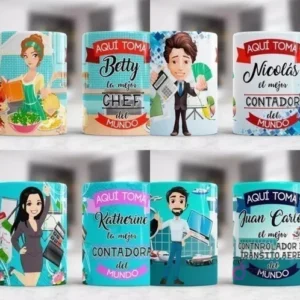 Colección de tazas de sublimación para profesiones de chef, contador, contadora y controlador de tráfico aéreo, con ilustraciones detalladas y elementos característicos de cada oficio.