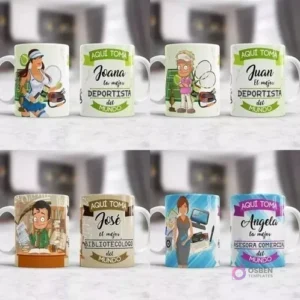 Mugs de sublimación para deportistas (femenino y masculino), bibliotecólogo y asesora comercial, presentando personajes atléticos y profesionales.