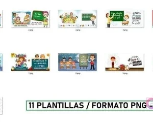 Vista en miniatura de los 11 diseños de plantillas para tazas de profesor, con texto '11 PLANTILLAS / FORMATO PNG - PSD'.
