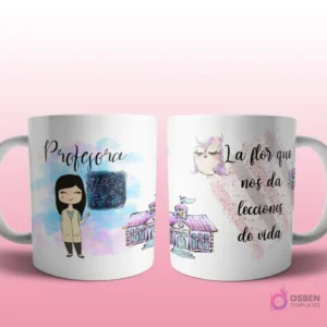 Mug mockup con diseño de psicóloga caricaturizada de cabello oscuro con bata de laboratorio, sobre fondo de flor de loto rosa con brillos y frase 'La flor que ayuda a ordenar el desorden del alma y la mente', con íconos de cerebro y psique.