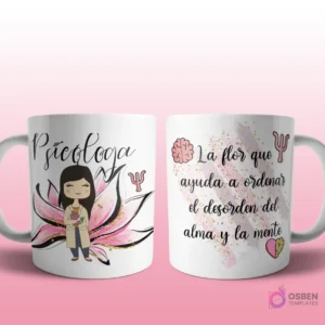 Mug mockup con diseño de profesional de recursos humanos caricaturizada de cabello rojizo con identificación, sobre fondo de flor azul y dorada con brillos y frase 'La flor que contrata y selecciona a los mejores candidatos'.